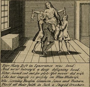 The first panel from the broadside 'The Doctors in Labour or, A New Whim-Wham from Guildford'